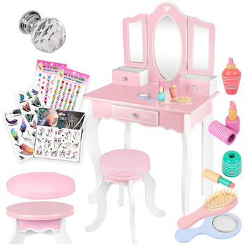 DREWNIANA TOALETKA DLA DZIEWCZYNKI Z PODUSZKĄ I NAKLEJKAMI