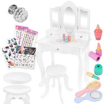 DREWNIANA TOALETKA DLA DZIEWCZYNKI Z PODUSZKĄ I NAKLEJKAMI