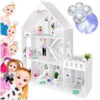 DREWNIANY DOMEK DLA LALEK AKCESORIA LED